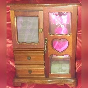 Brown Jewelry Organizer with Heart Design and Glass Panels